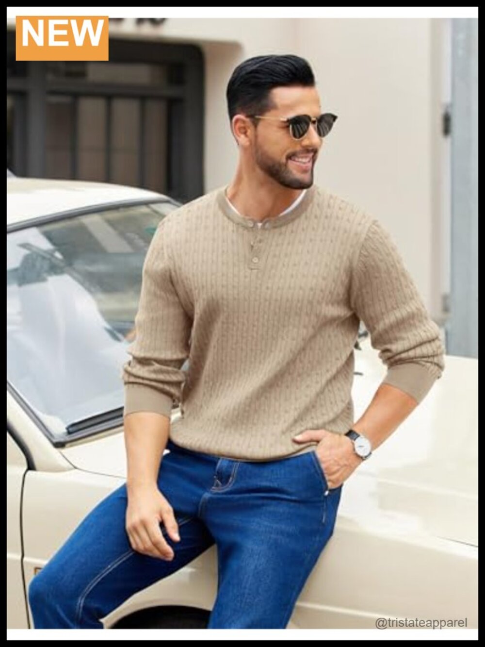 Men's Cable Knit Henley Sweater Long Sleeve Button Down Pullover